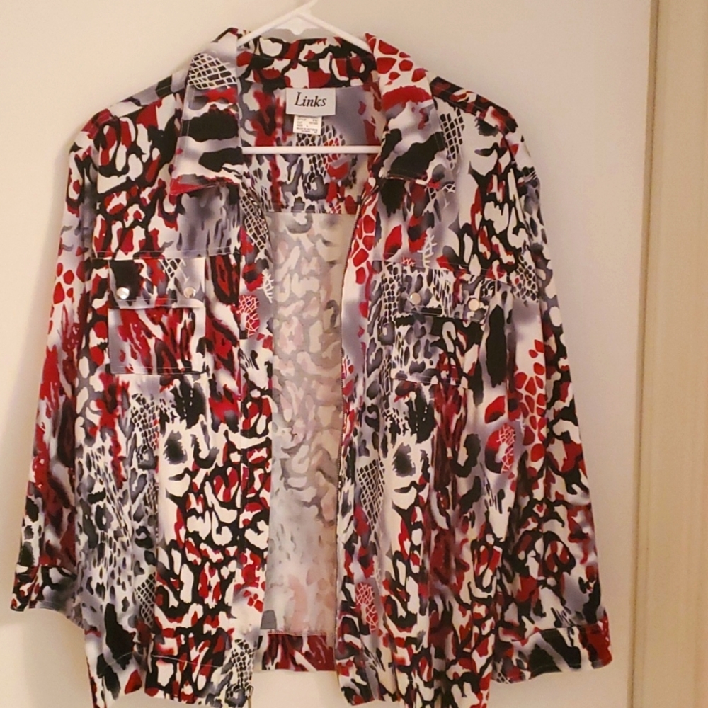 Black, red and white zip front jacket